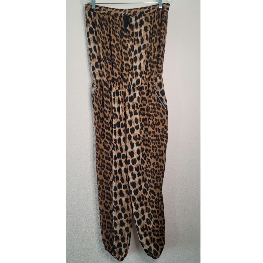 Strapless Sheer Leopard Print Jumpsuit Zip Front Pockets.Two Back Pockets Large
